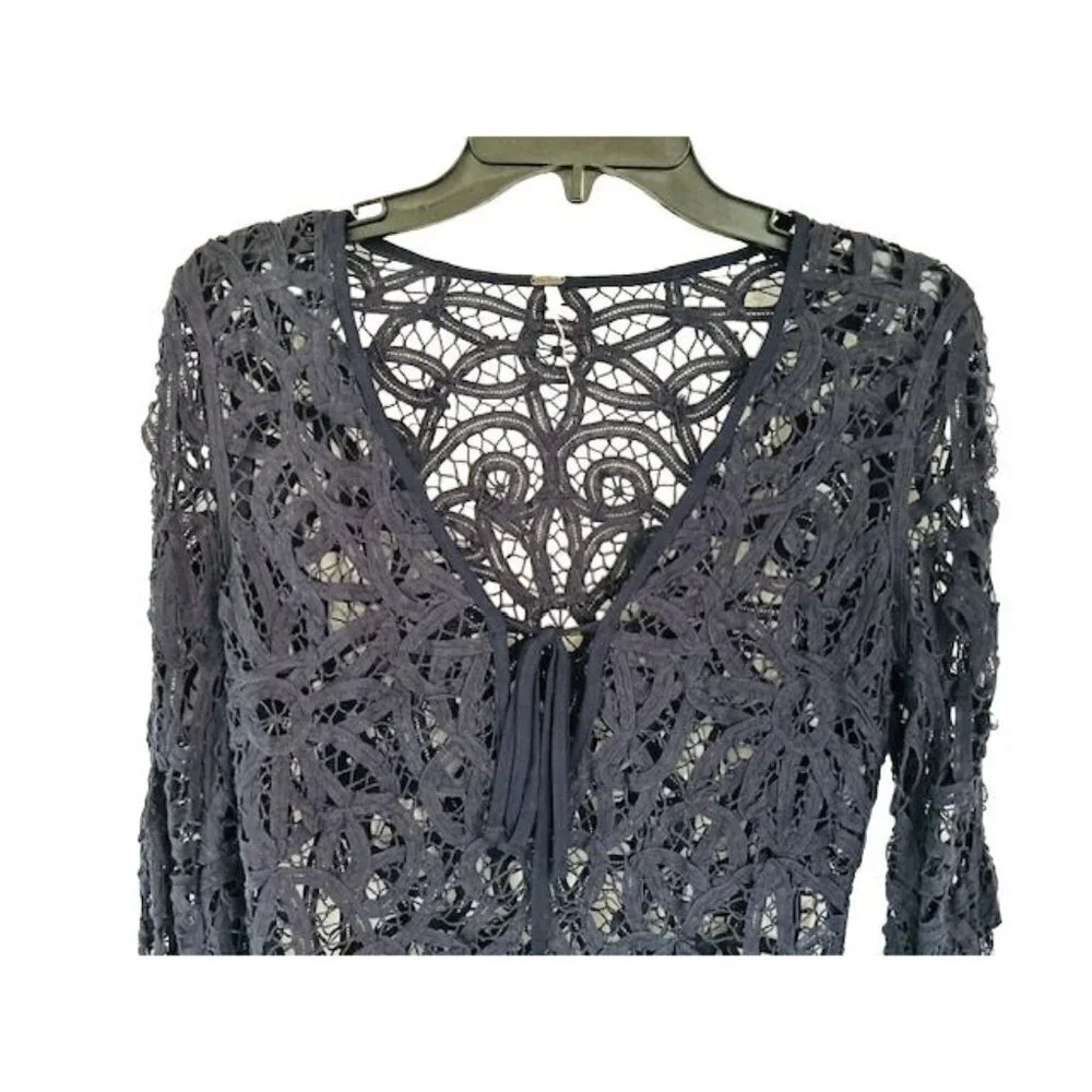 Free People Navy Crochet Lace Blouse Long Sleeves Size XSmall/P